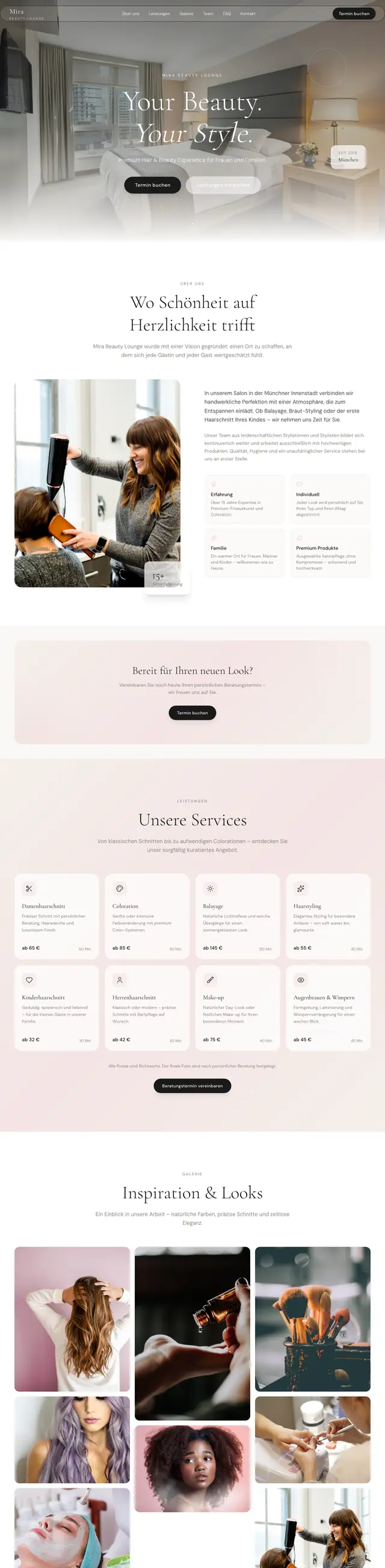 Startseite der Beispiel-Website für einen Friseursalon mit Leistungen und Terminformular